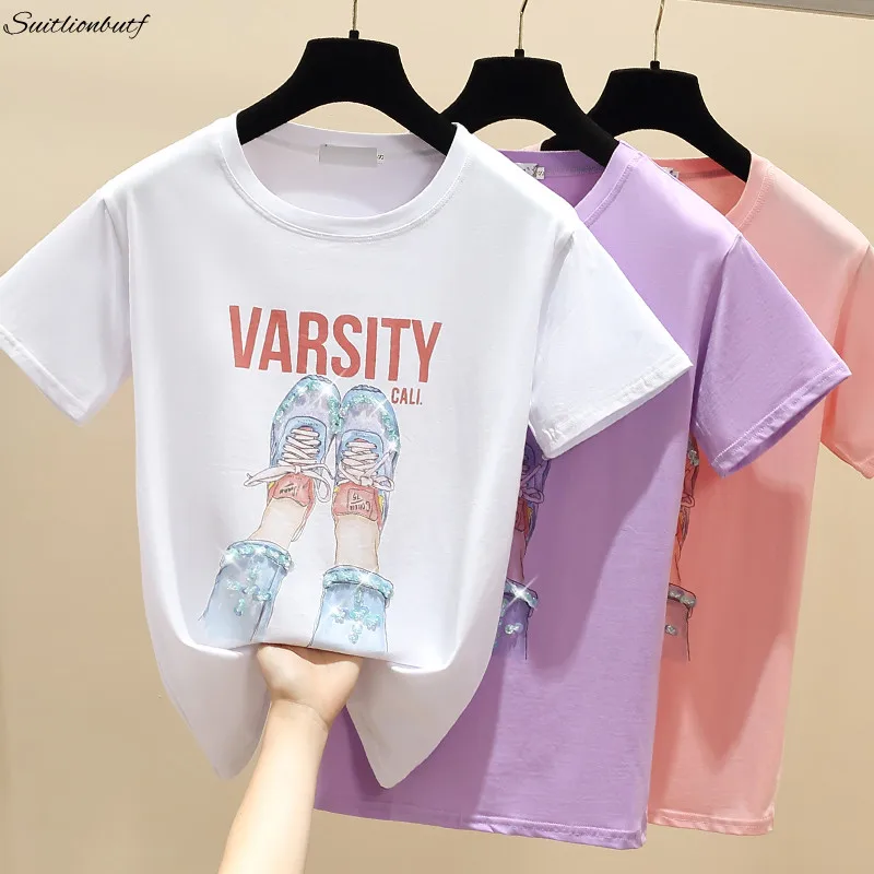 

Summer Tshirt Women 2022 Cotton Bead Shoe Short Sleeve T-Shirt Letter Loose Casual Tee O-Neck Pullover Blouses Female Clothing