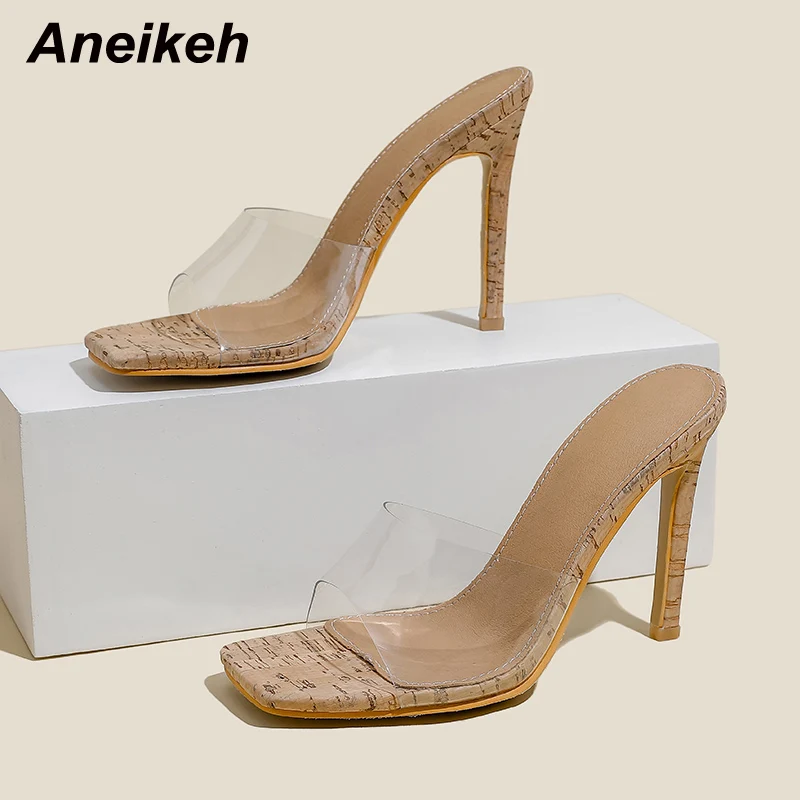 

Aneikeh 2022 Summer Sweet Women Shoes Fasion Sexy Casual Squared Toe Thin Heels Solid Shallow PVC Slipper New Apricot Size 35-41