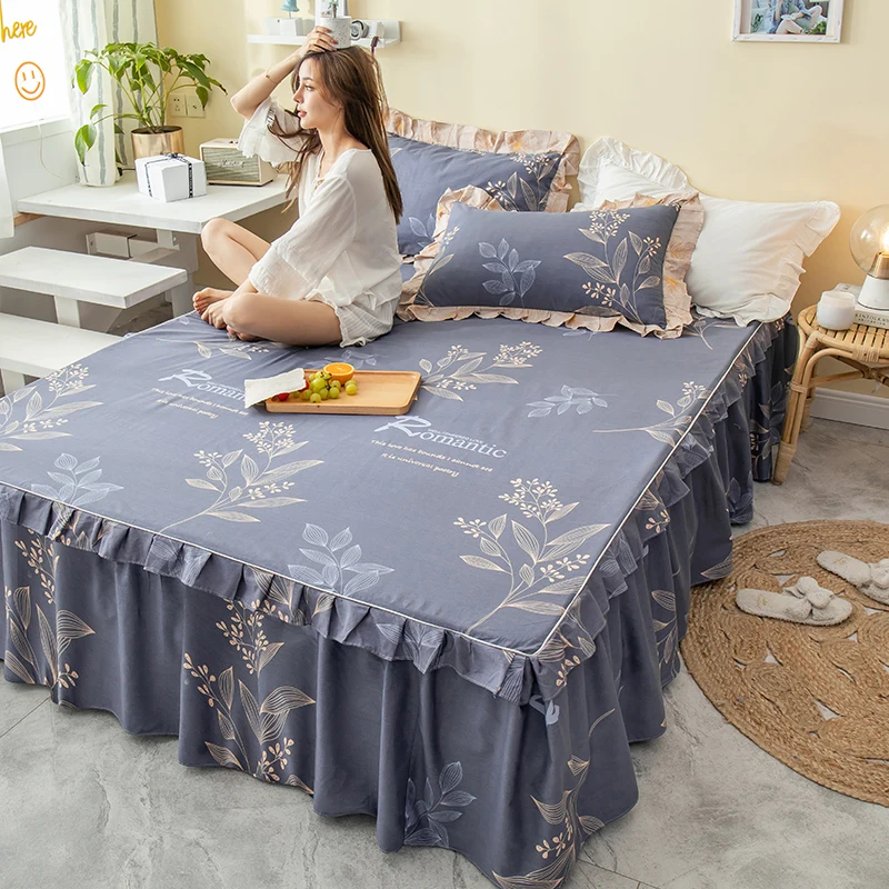 

100% Cotton Fabric Bedding Sheet W/ Elastic Anti-Slip Bedding Skirt Mattress Cover Pleated King Queen Kids Fitted Sheet B621