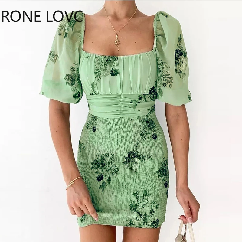 

Women Chic Square Neck Half Lantern Sleeve All Over Print with Floral Pattern Lace Up Folds Mini Sexy Dresses