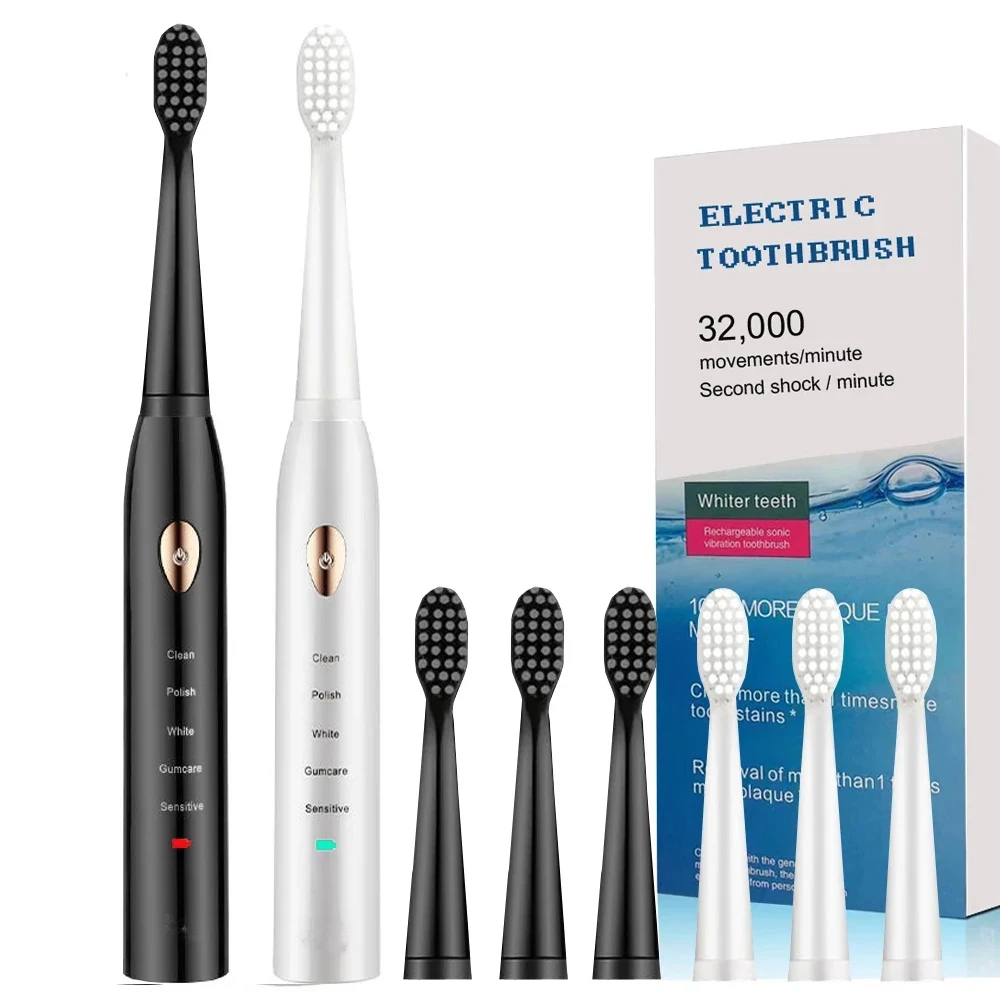

USB Sonic Electric Toothbrushes for Adults Kids Smart Timer Rechargeable Whitening Toothbrush IPX7 with 3 Brush Heads