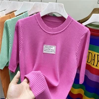 2022 new summer woman o neck short sleeve shirt female o neck tops casual skinny slim basic t shirts ladies knitted tops a77