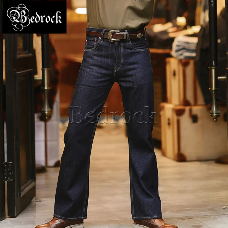 MBBCAR 80's disco culture modern retro flared pants 14oz indigo one washed red line denim selvedge boot cut jeans for men 7401