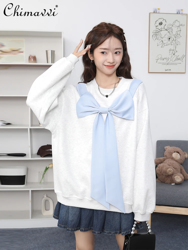 

Sweet Bow Ribbon Round-Neck Pullover Hoodies 2023 Autumn New Fashion Temperament Long Sleeves Loose Top Student Sweatshirts