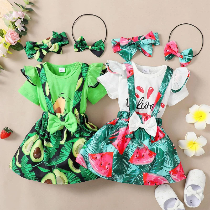 Newborn Baby Girl Novelty Clothing Flying Sleeve Onesie Bow Fruit Suspenders Skirt