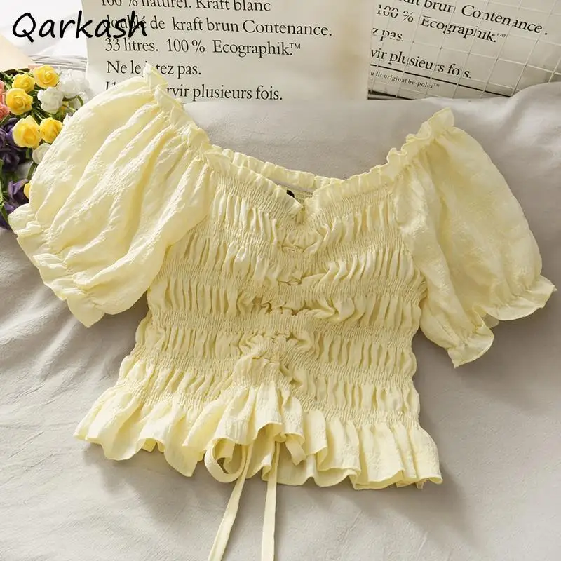 

Blouses for Women 2022 Summer Crop Tops Korean Style Drawstring Aesthetic New Arrival Elegant Vintage Retro Sweet Cute Stylish