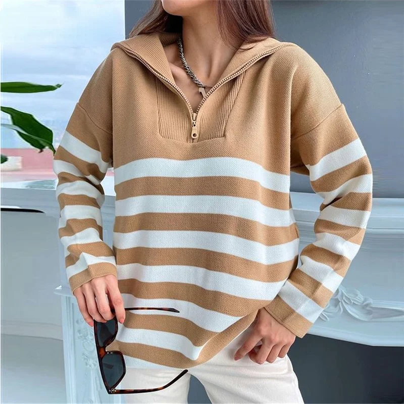 Полосатые вязаные свитера на молнии с длинным рукавом повседневный свободный