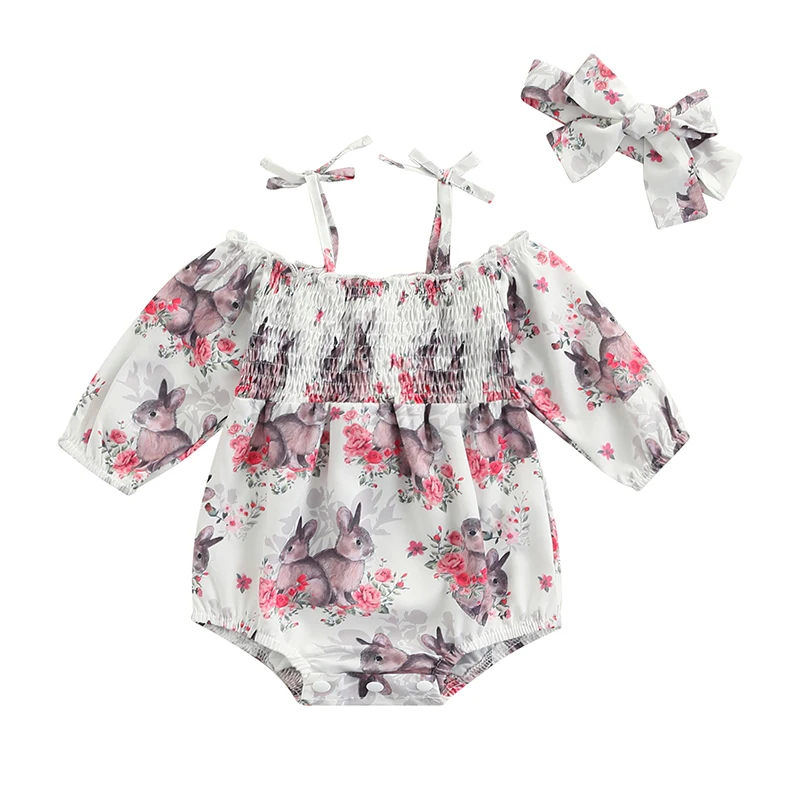 

Sweet Baby Girl Cute Rabbit Floral Romper Suit Long Sleeve Spaghetti Straps Jumpsuit + Decorative Headband for Newborns Clothes