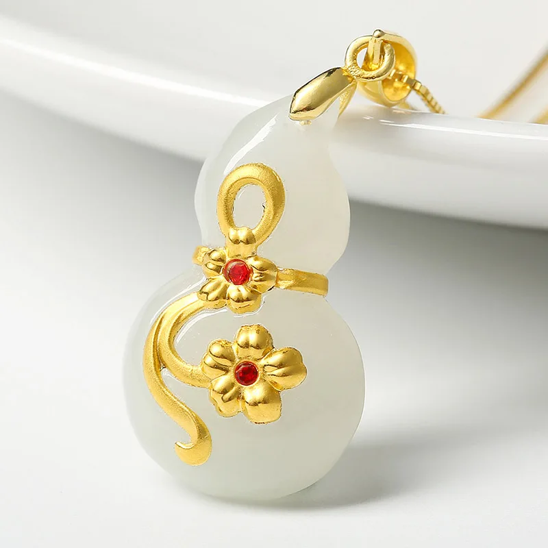 

Send Certificate 24k Gold Inlaid Jade Pendant Gourd Pendant Necklace Women Hetian White Jades Flowers Charms Healing Jewelry