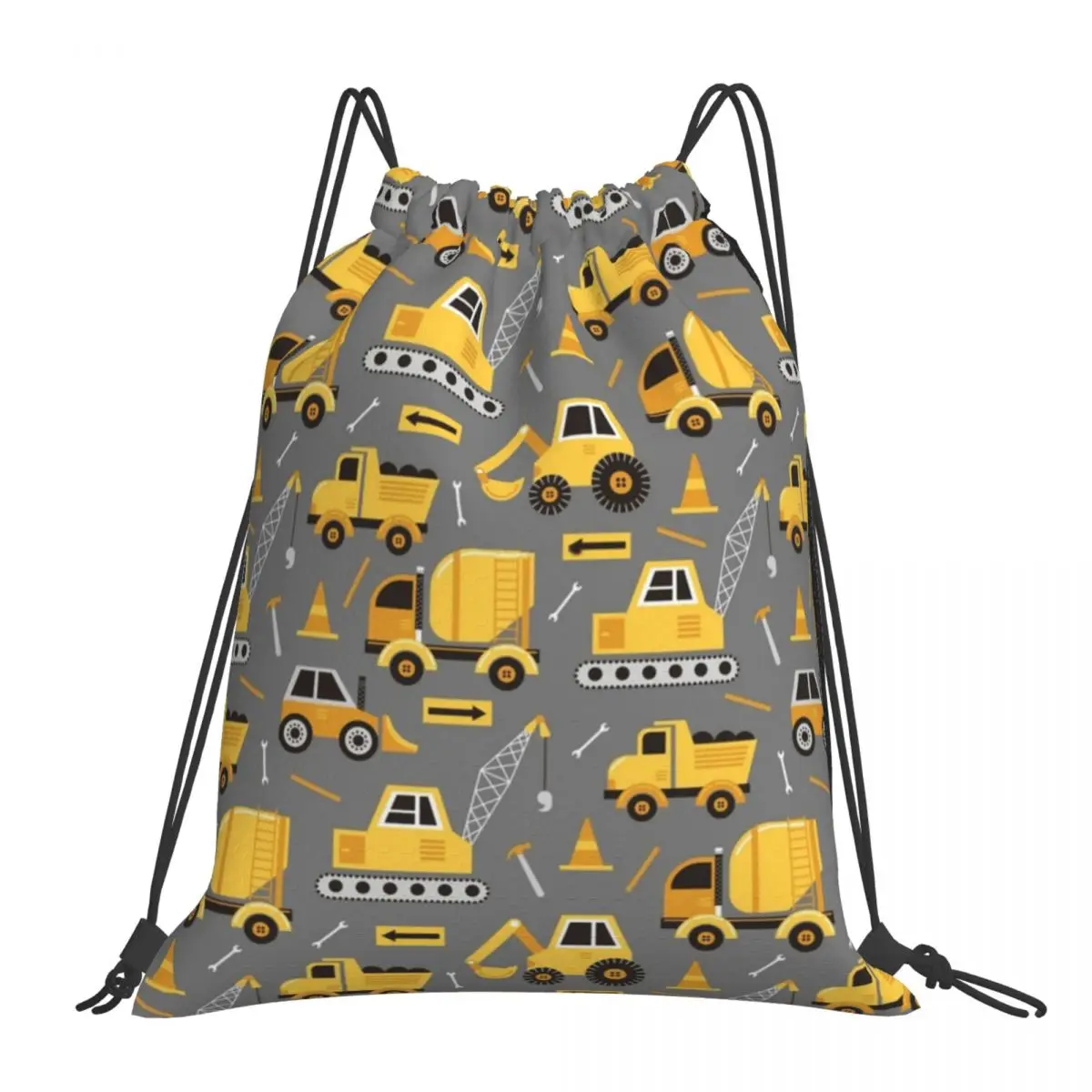 

Construction Trucks On Gray Backpacks Multi-function Portable Drawstring Bags Drawstring Bundle Pocket Shoes Bag Book Bags
