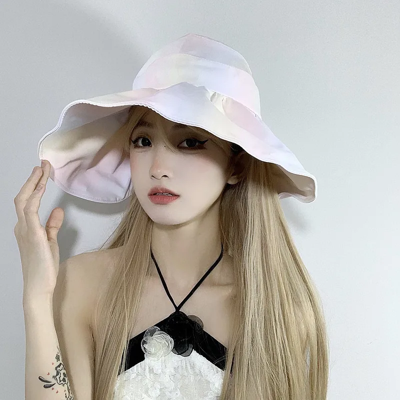 

Colorful Women's Hats Summer Gradient Empty Top Caps Semi-circle Ponytail Big Brim Topless Fisherman Cap Foldable Sun Hat