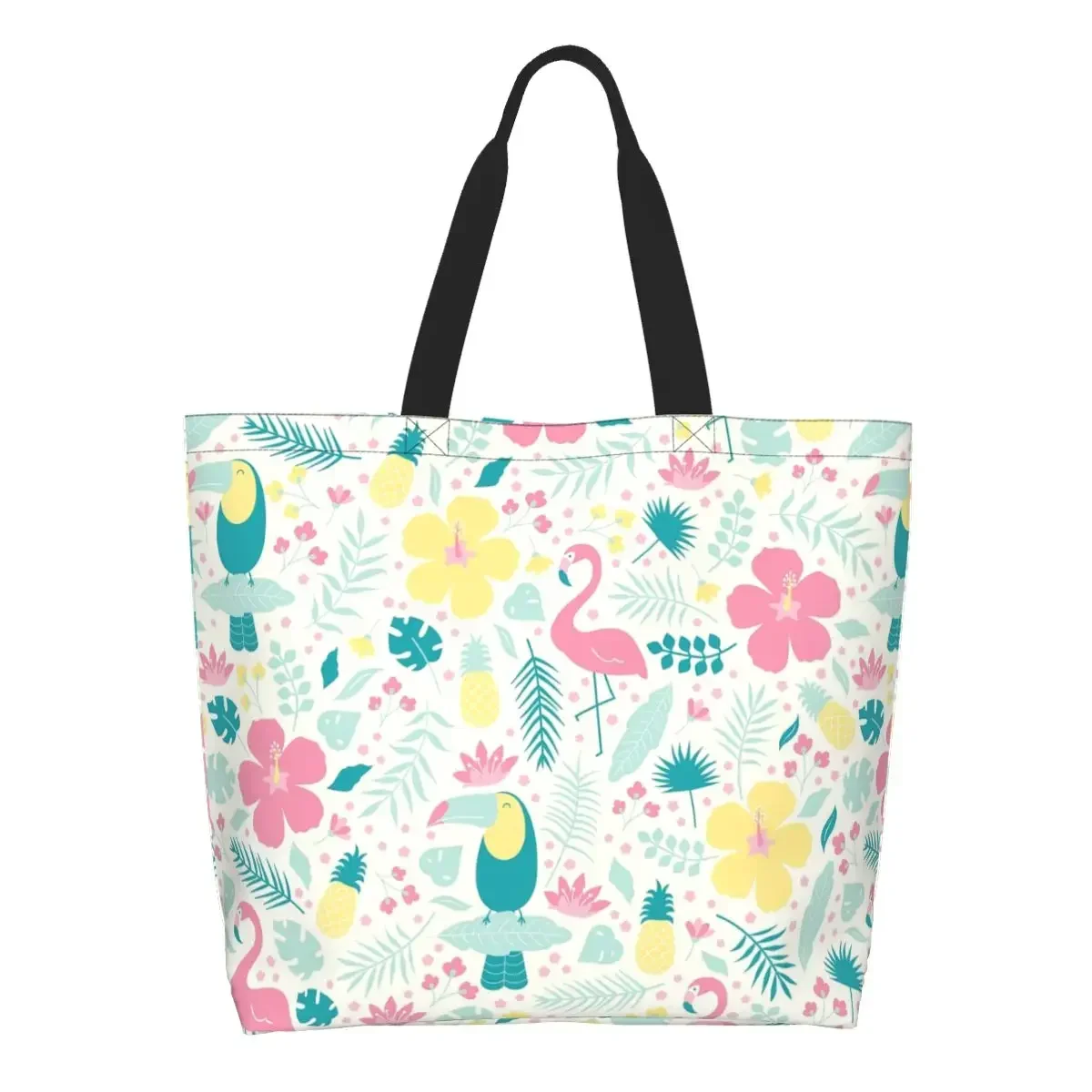 

Custom Flamingos And Leaves Shopping Canvas Bags Women Reusable Large Capacity Groceries Tropical pattern Shopper Tote Bags