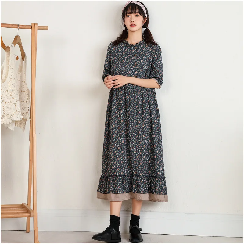 

Johnature Japanese Print Ruffles Collar Cotton Linen Women Dresses 2022 Summer New Vintage Loose Patchwork Female Dress