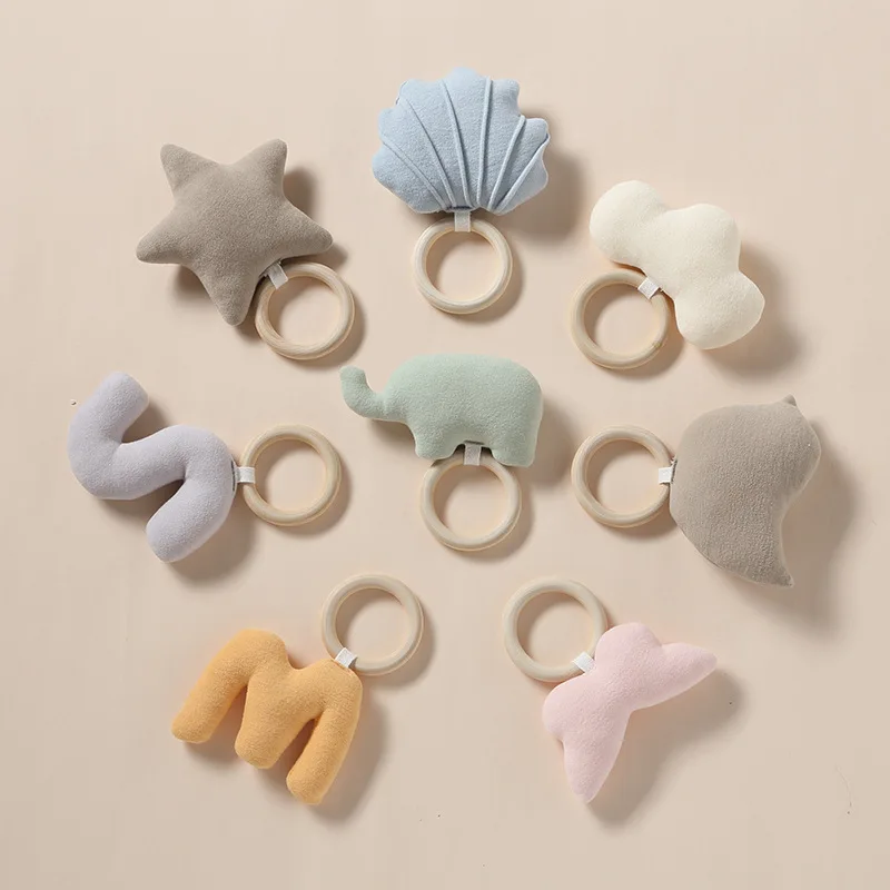

BPA Free Beech Wood Baby Teether Cartoon Cotton Newborn Handhold Teething Ring Bracelet Baby Chewing Sensory Rattle Toys
