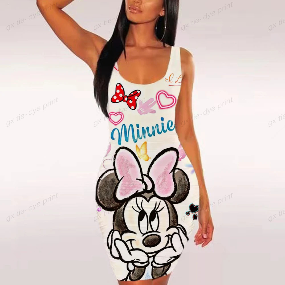 Платье женское летнее облегающее без рукавов с принтом Минни и Микки Маус -