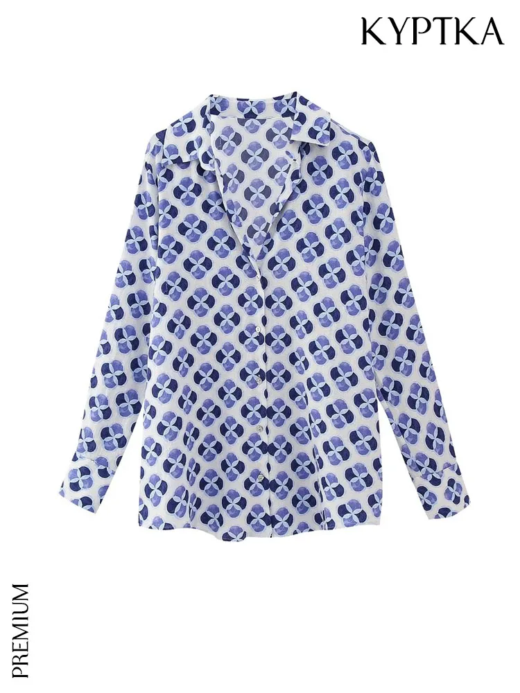 

KYPTKA Women Fashion Printed Linen Shirts Vintage Long Sleeve Button-up Female Blouses Blusas Chic Tops