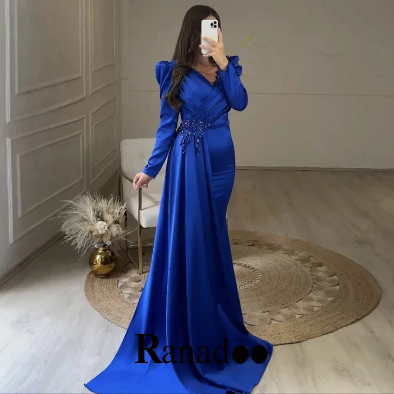 

Blue Elegant Satin Appliques Beaded Mermaid Evening Dresses V Neck Long Sleeve Dresses For Women 2022 Customised