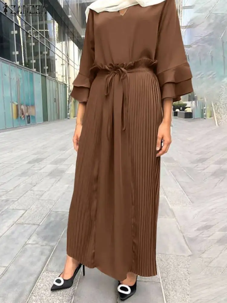 Платье ZANZEA женское с V-образным вырезом, модный Однотонный сарафан с рукавом 3/4, хиджаб из Дубая, индейки, мусульманское платье-абайя