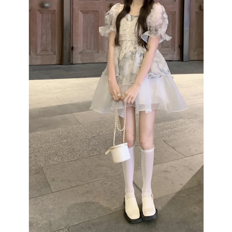 

Temperament high waist puffy princess skirt summer 2022 new French short square neck drawstring Chic Dress women