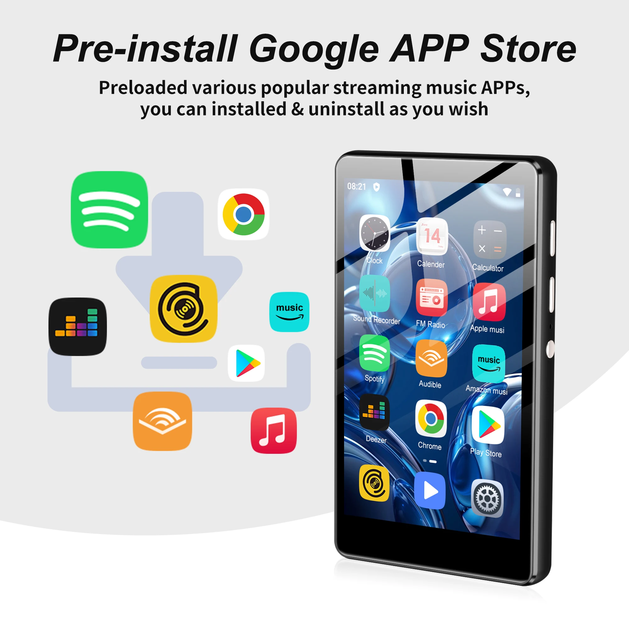 Фото MP3-плеер на базе Android 9.0 с Bluetooth и Wi-Fi, MP3/MP4-плеер с поддержкой Spotify, Audible, Pandora, до 512 ГБ. №3