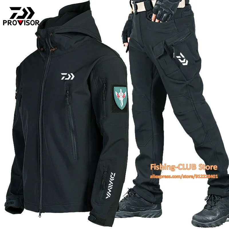 DAIWA Winter Soft Shell Fishing Suits Men Outdoor Windproof Waterproof Warm Hiking Jackets Tactical Sport Trousers Hood  Coats