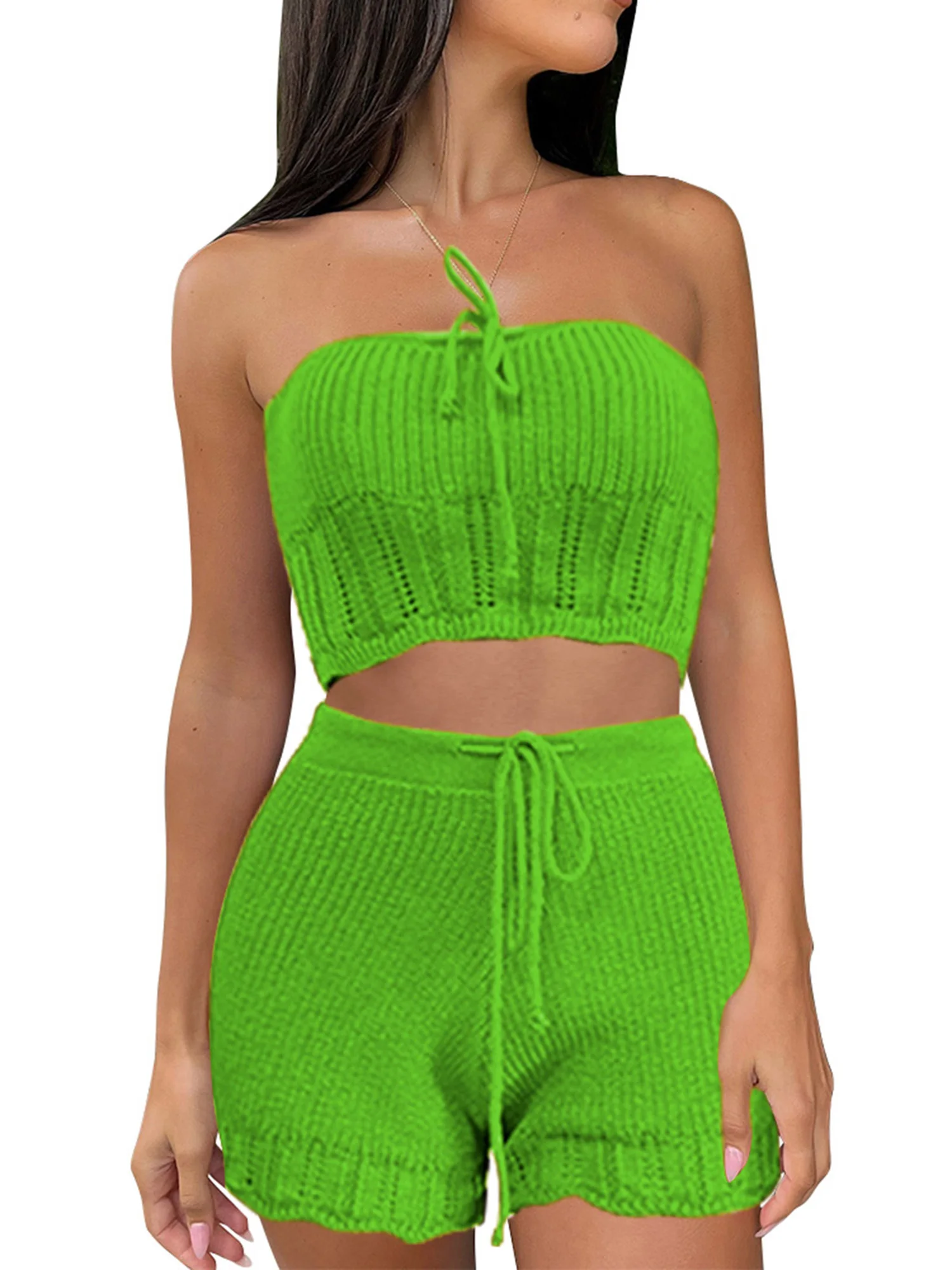 

Women s Casual Knit Crop Top and Shorts Set Solid Color Tie-Up Design Elastic Waistband - Stylish Outfit for Summer