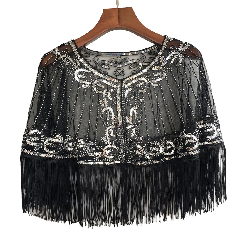 

Vintage 1920s Shawl Beaded Sequin Fringe Flapper Bolero Sheer Floral Mesh Shrug Cape Fancy Party Cover Up