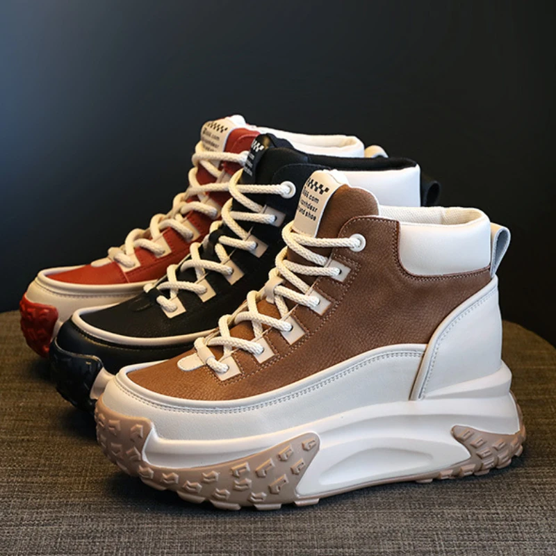 2023 New 7cm Genuine Leather High Brand Mixed Color Flats Ankle Boots Platform Wedge Women Booties Autumn  Plush Winter Shoes