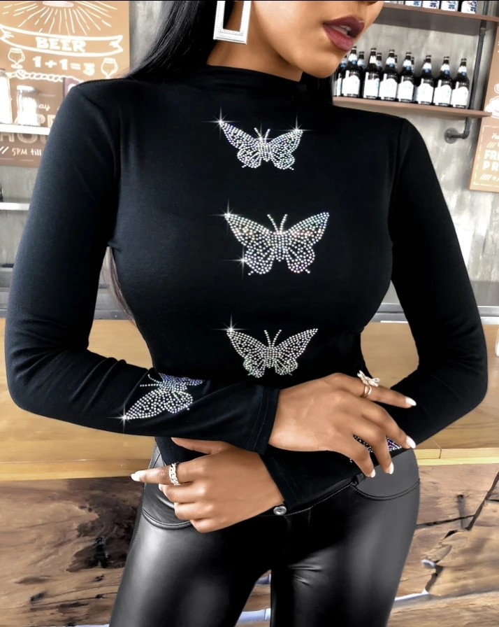 

O Neck Long Sleeve Shirt Women Sexy Tops Spring Autumn Butterfly Pattern Studded Long Sleeve Top Casual Slim Woman T Shirts