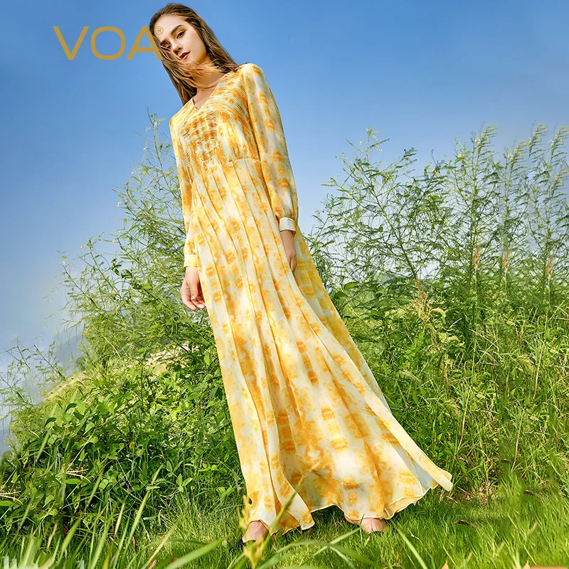 

VOA Bohemian Yellow Tie-dye Gradient Print A-Line Silk Maxi Dresses Autumn V-Neck Long Shirt Sleeves Holiday Dress Party AE1082