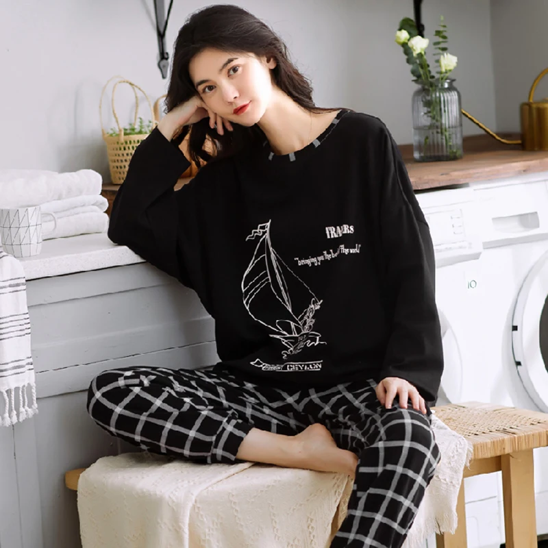 Spring and Autumn Cotton Pajamas Women's Long-sleeve Cute Plus Size Thin Two-piece Suit Womens Two Piece Sets Anime Pajamas