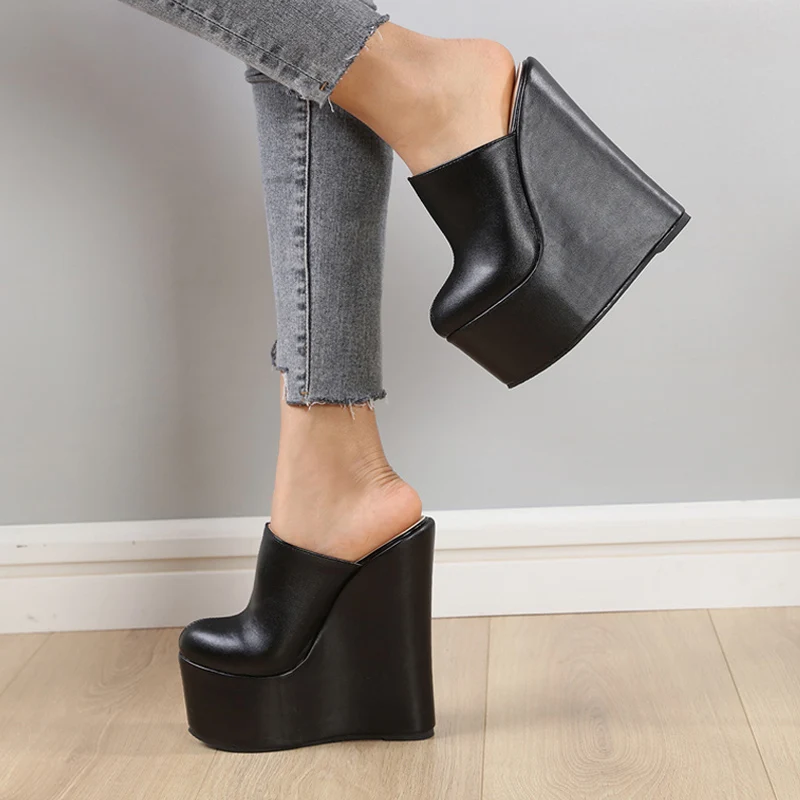 

Spring Autumn 16CM Super High Heels Platform Pumps Chunky Sandals Fashion Black Leather Round Toe Slip-On Wedges Shoes For Women