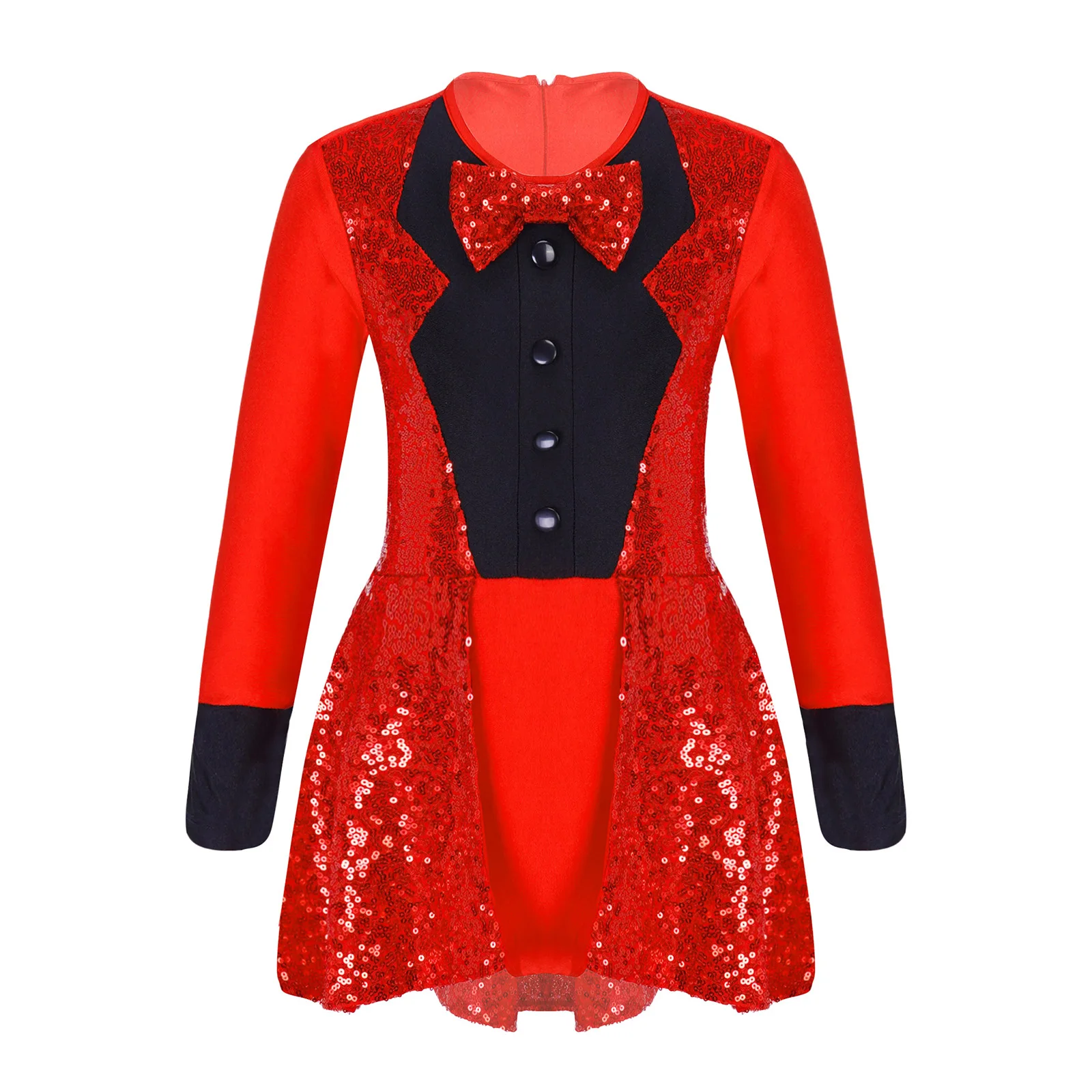 

Kids Girls Circus Cosplay Costume Halloween Roleplay Clothes Long Sleeves Bow Tie Sequins Leotard Dress for Stage Performance