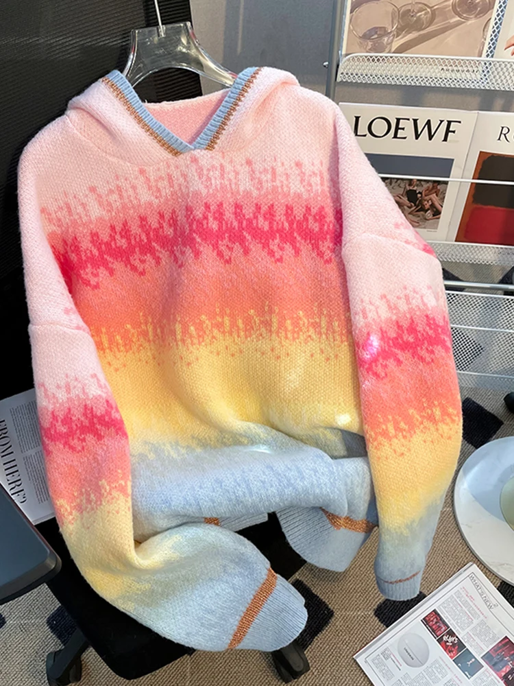 HIGH STREET Newest 2022 Fall Winter Designer Sweater Women's Loose Style Gradient Rainbow Hoodie Knit Pullover Sweater
