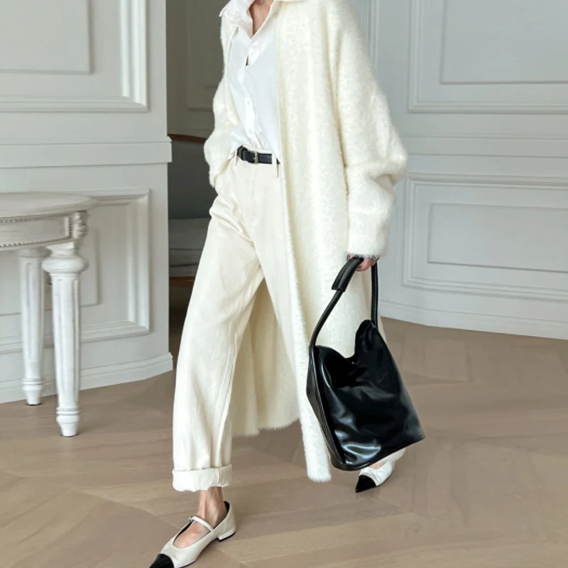 

Женский вязаный кардиган, элегантный длинный вязаный кардиган бежевого цвета из норки, Осень-зима 2022