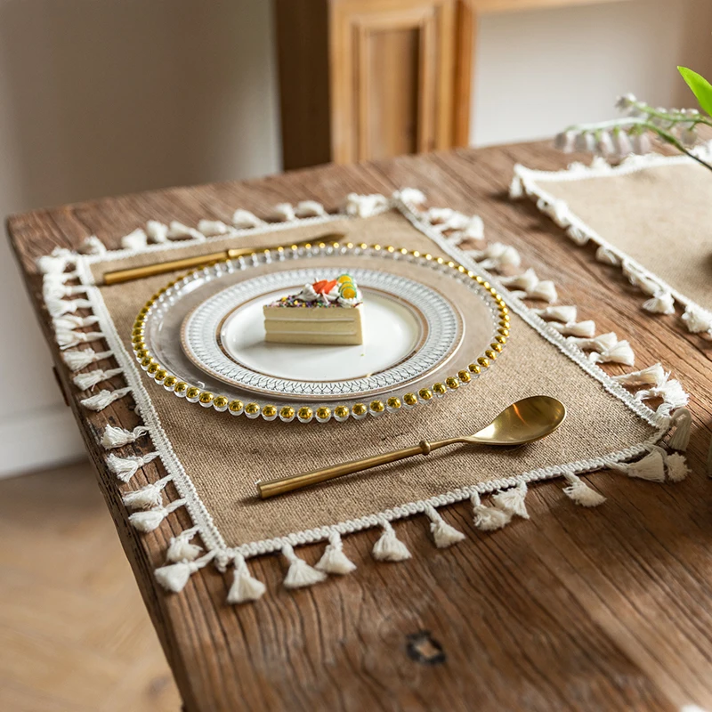

Vintage Solid Color Placemat Tassels Fringe Trim Table Mat Linen Heat Insulation Non-slip Jute Soft Dining Place Mat