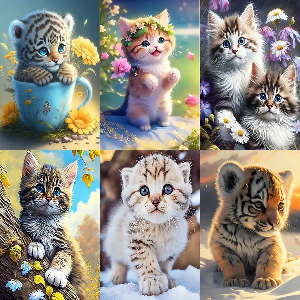 

5D DIY Diamond Painting Cute Cat Tiger Full Round Diamond Embroidery Cartoon Animals Mosaic Rhinestone Home Decoration Gift