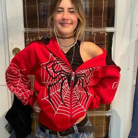 Harajuku Spider Man Printed Hoodies Women Men Retro Zip Up Long Sleeve Loose Jacket Coats Casual Hooded Sweatshirt Streetwear