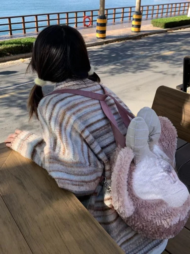 Y2k эстетичный японский вязаный кардиган Kawaii Dog вышивка Harajuku женский полосатый