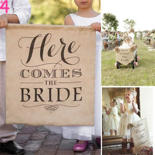 

Rustic Burlap HERE COMES THE BRIDE Chic Wedding Hessian Sign Wedding Flower Girl Sign Bride Shower Bunting Banner Flags