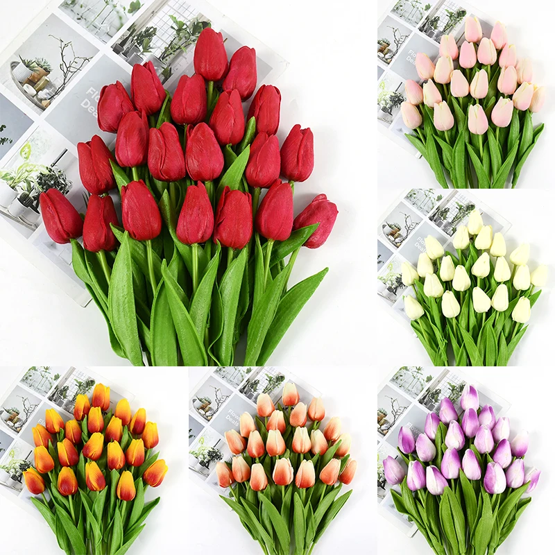 

35 cm Tulip Flower Artificial Tulip Bouquet 5Pcs PU Fake Flower for wedding Ceremony Decor Home Garden Bouquet Decor