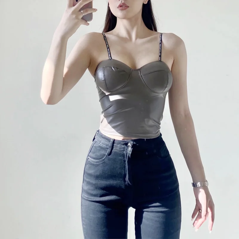 

Модный Лидер продаж, милый женский топ на бретельках из искусственной кожи, бюстье из искусственной кожи, топ на бретельках 19CV