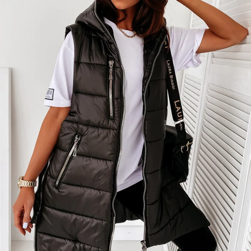Women Casual Streetwear Zipper Pocket Jacket Plus Velvet Quilted Coat Sleeveless Puffer Jackets Hooded Cotton Padded Waistcoat