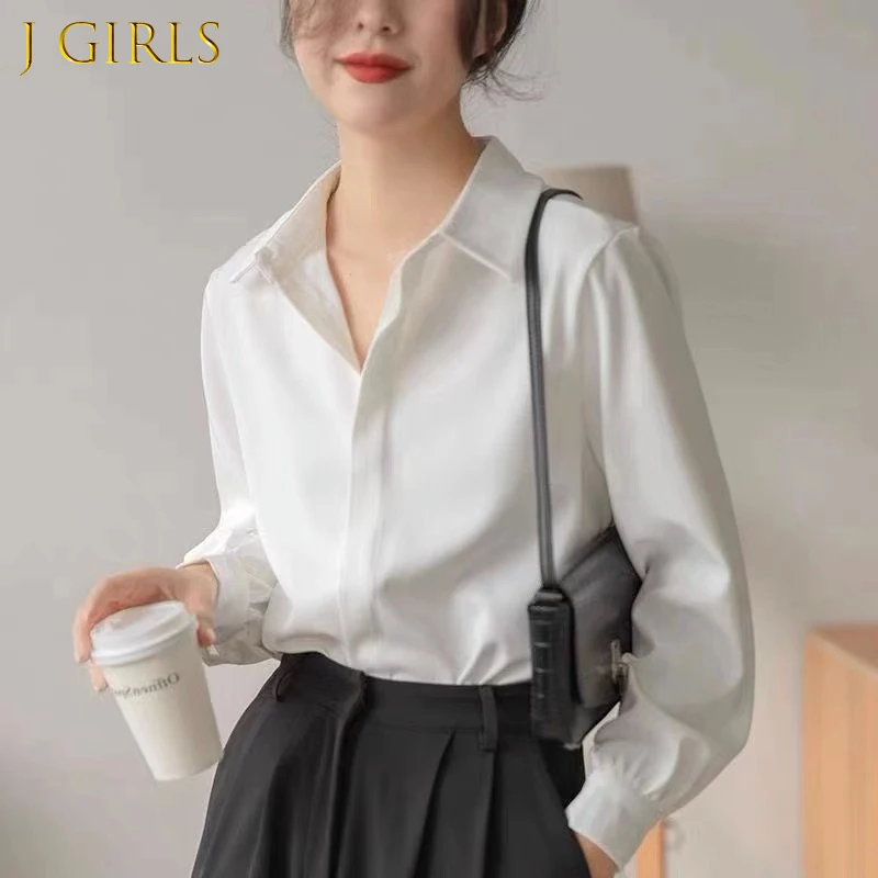 

J GIRLS Autumn Women White Shirts Formal Long Sleeve Turn Down Collar Top Solid Business Black Shirt S-5XL Classic Blouse OL