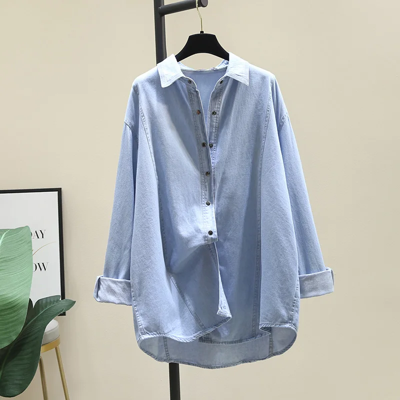 

SuperAen Loose Casual Light Blue Denim Shirt 2023 Spring Autumn New Korean Simple Joker Shirt Tops