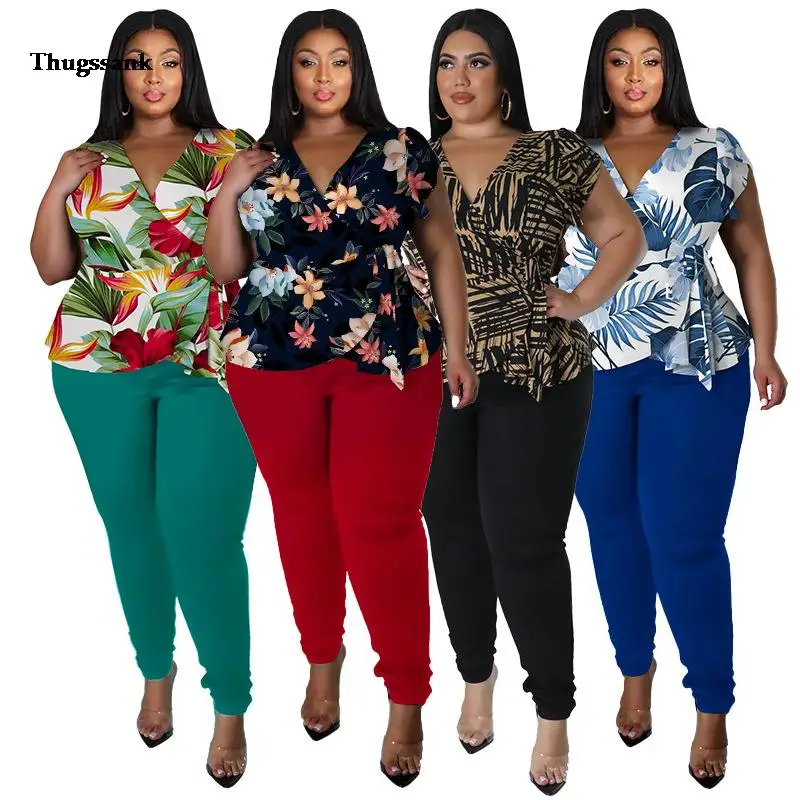 

2023 spring and summer new printed top V-neck trousers casual two-piece set