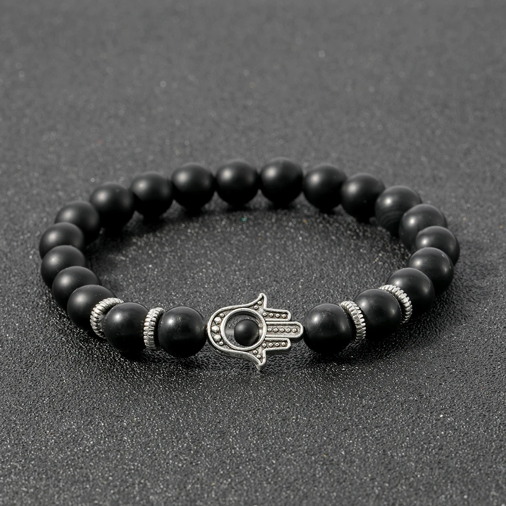

Rttooas 8MM Fatima Bracelets Natural Stones Black Agate lava for Women Men Charm Beaded Mala Couples Bracelets Yoga Jewelry