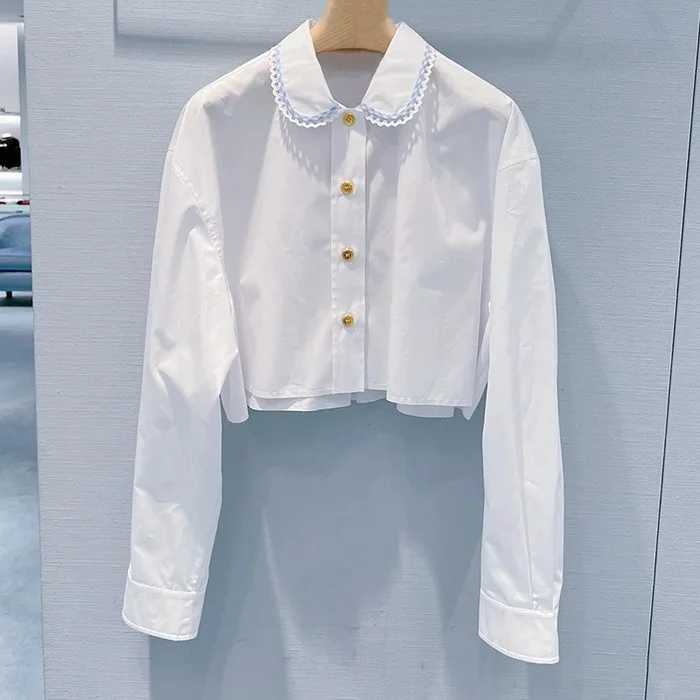 

Fashion Classic Trendy luxury design Lace Polo Collar Short Shirt Blouse Woman