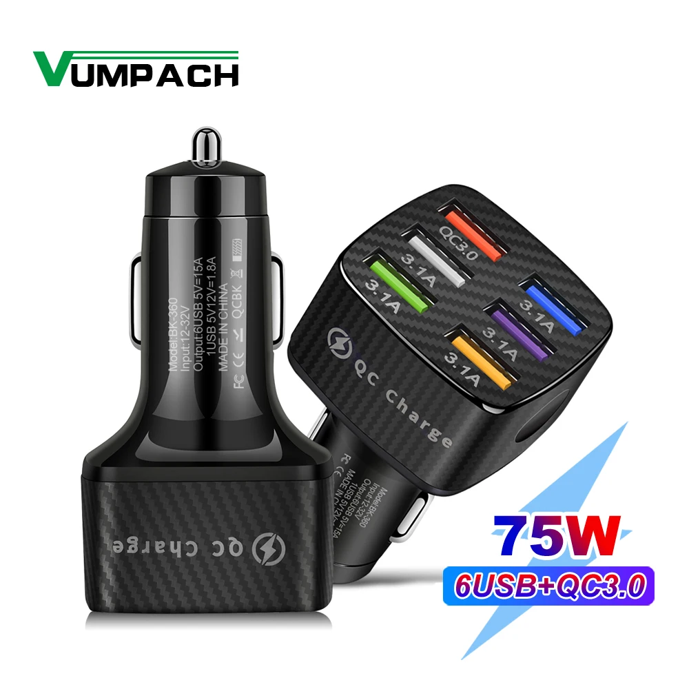 

Vumpach 75W Car Charger Quick Charge 3.0 6 Ports USB Charger For iPhone 13 12 Pro Samsung Xiaomi Portable Mobile Phone Charger