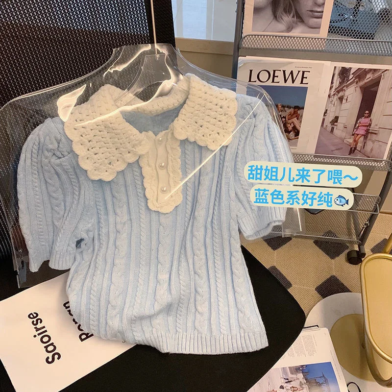 

Urifens Korean Fashion Hollow Doll Collar Short Sleeve Sweater Female Summer Chic Sweet Knit Top Women Sweet Elegant Knitwear